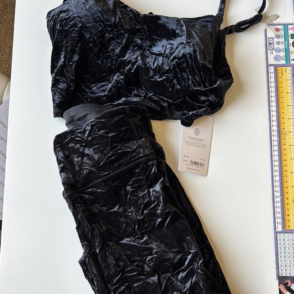 Athleta elation Black Velvet Two-Piece Set pants (large) and top nwot (xl d-dd)